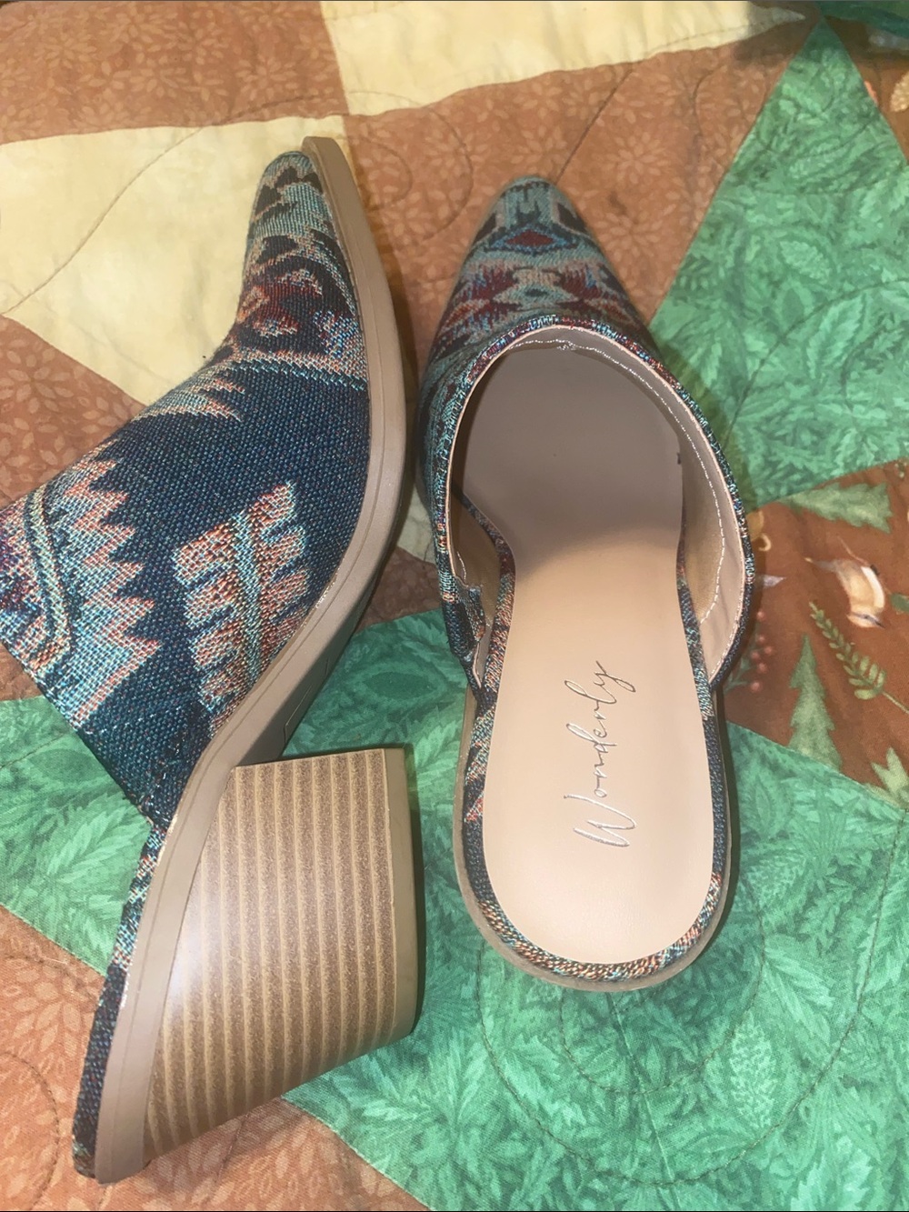 Like New Wonderly Teal Multicolor pattern Tapestry Pointed-Toe Mules - Picture 4 of 9